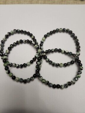 Natural Stone Green and Black Beaded Stretch Bracelet Set -  6mm 6 3/4